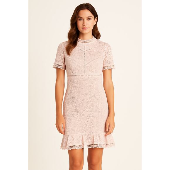 Bardot Pale Pink Guipure Lace Dress Size 6 Short Sleeve Ruffle Hem - Picture 1 of 5